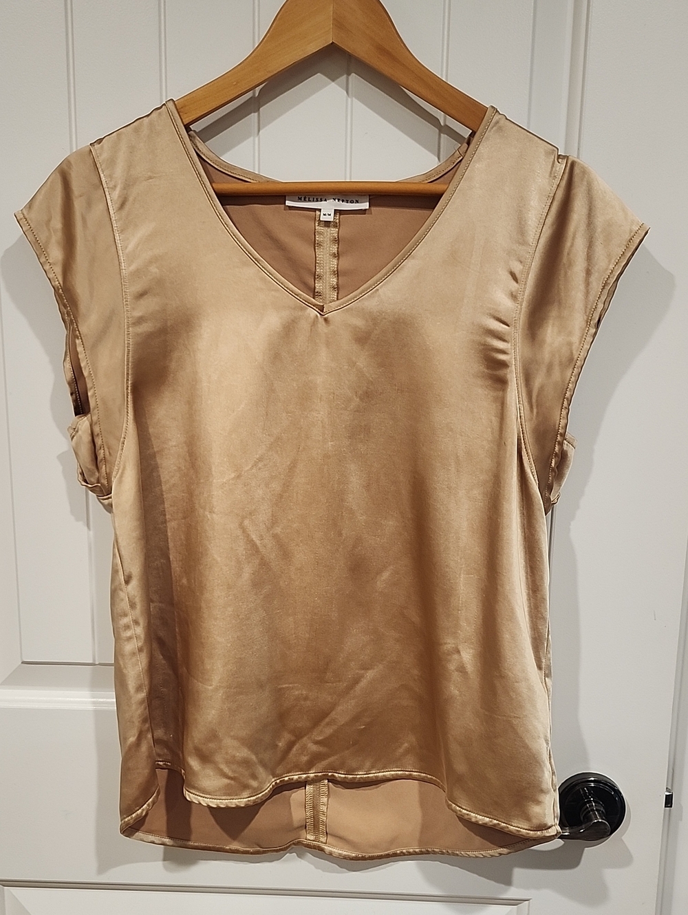 MELISSA NEPTON Gold Satin V-Neck Cap-Sleeve Blouse